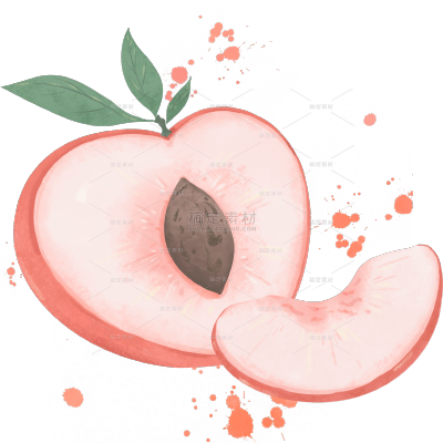 果蔬系列彩色插画风绿叶+半个切开粉色桃子喷溅特效元素