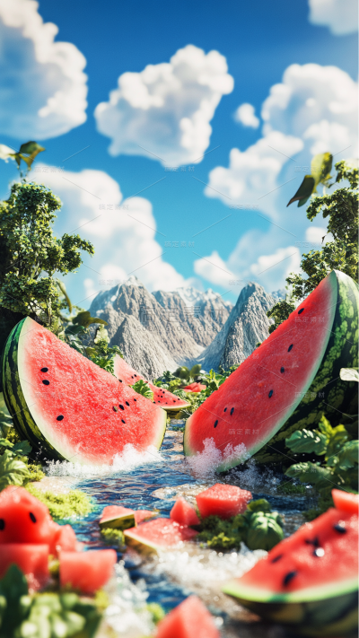 果蔬系列水果西瓜带水珠中间留白大自然背景
