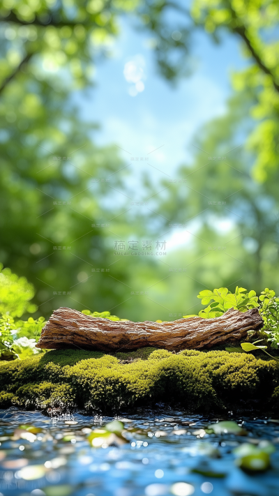 风光系列实景感森林苔藓绿叶木头户外背景