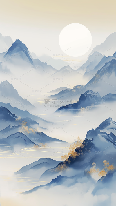 中国风系列青蓝色鎏金水墨山水背景通用背景素材