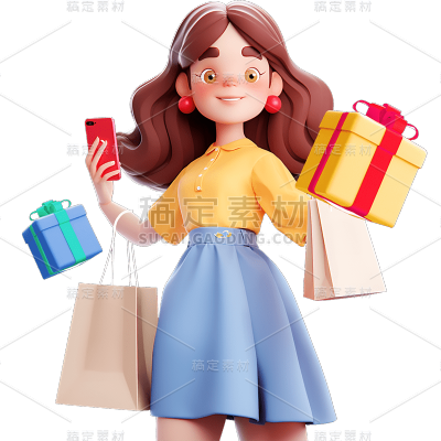 3D电商购物女孩人物贴纸
