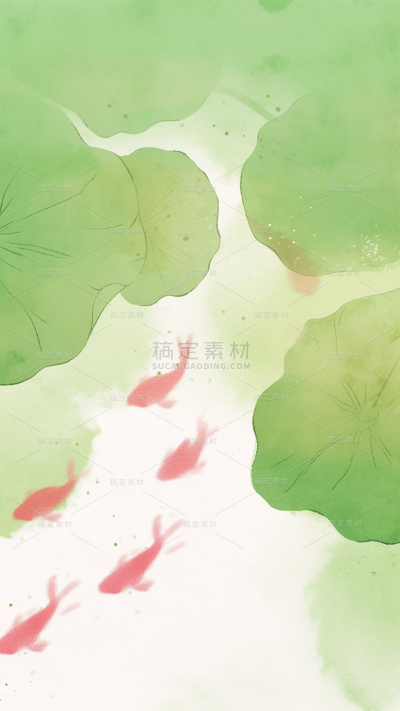 夏日中国风-荷塘锦鲤水墨晕染淡彩背景图片