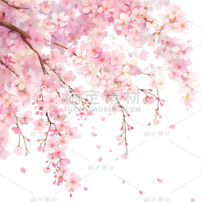 植物通用粉色樱花插画花枝飘花瓣元素素材