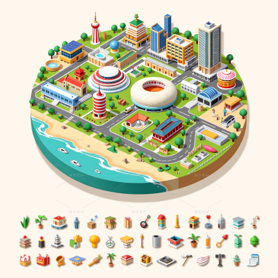 常规内容-建筑系列体积感3D城市缩影+建筑物品元素
