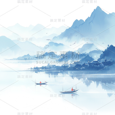 中国风通用蓝色水墨山水组合元素素材