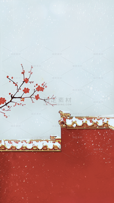 冬天中国风红墙插画腊梅背景