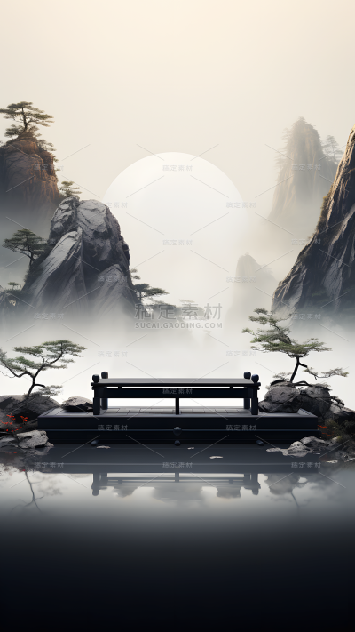 通用国风插画水墨中式自然高山树木场景背景