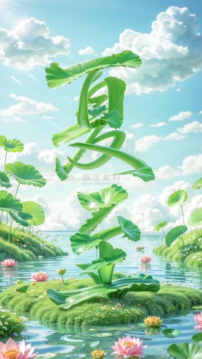夏至清新感创意字形荷叶荷花背景