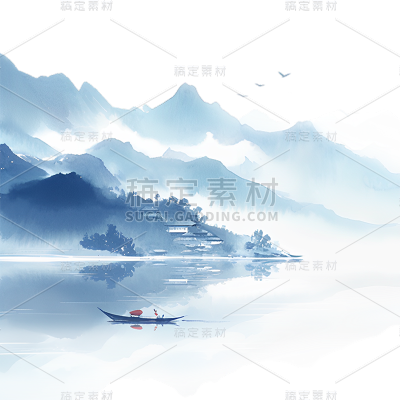 中国风通用蓝色水墨山水组合元素素材