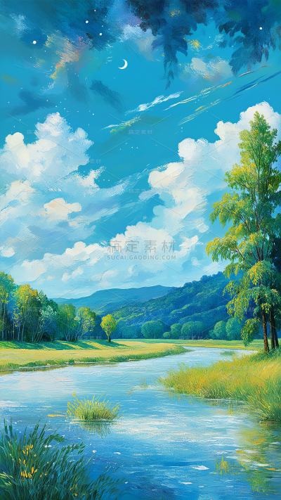 通用油画河流风景插画背景素材