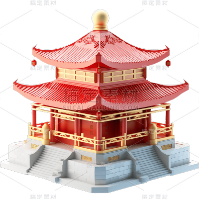 3D立体C4D元素中式中国风建筑亭子元素