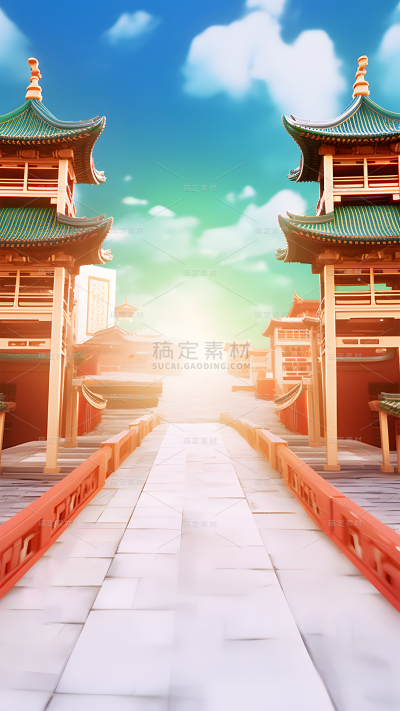 11.11双11双十一电商活动促销3D中国风中式古建筑街景场景背景