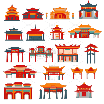 常规内容-建筑系列插画风中国风城市建筑元素组合