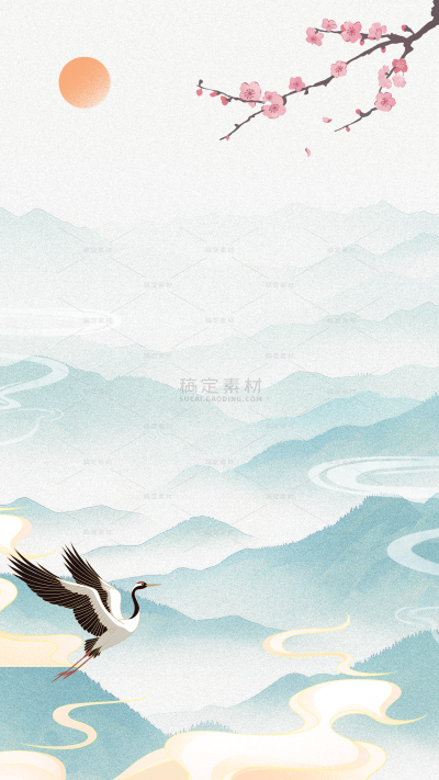 背景系列水墨山水仙鹤祥云花枝背景