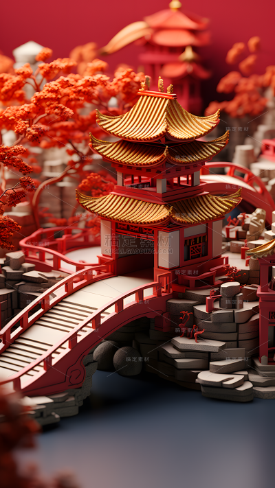 年货节中国风中式3D立体微缩建筑展台背景图片素材