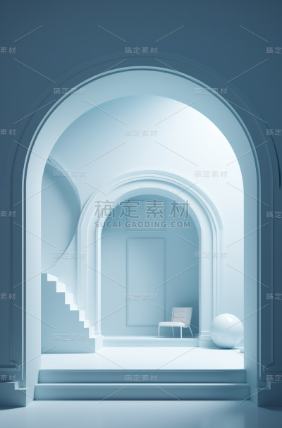 抽象天空的三维渲染，詹姆斯·图雷尔风格，浅白色和浅蓝色，拱形门道，圆形，极简主义静物画，菲利普·奥托·伦格，snailcore