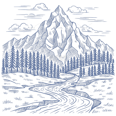 常规内容-风光系列插画风山脉森林河流线稿