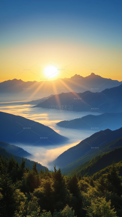 风光系列实景感远山云雾森林温暖日出背景