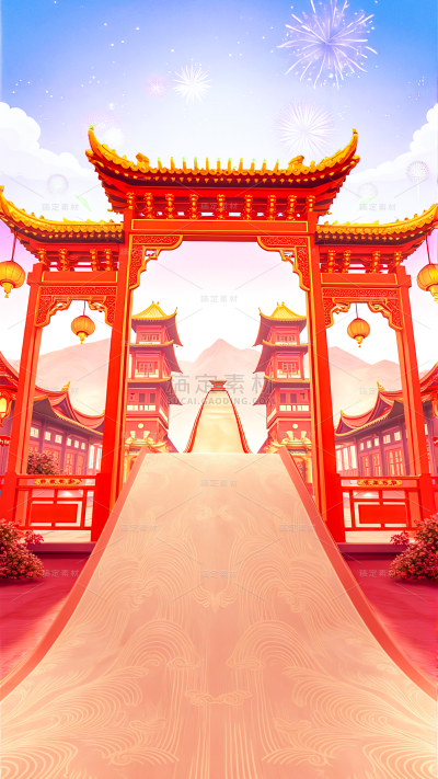年货节喜庆国风纹样飘带建筑背景