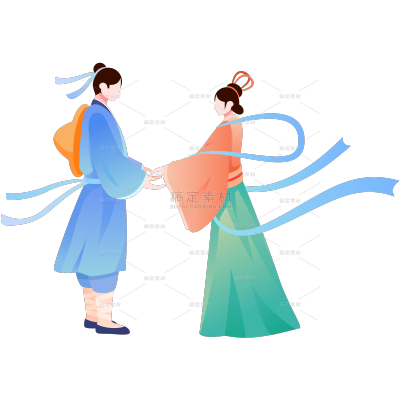 七夕通用手绘人物插画牛郎织女相会牵手大尺寸元素素材