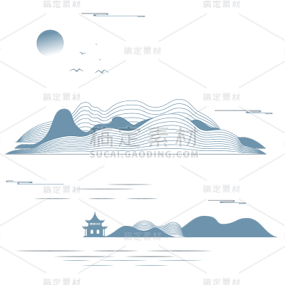 通用中国风插画手绘蓝色线条山元素贴纸