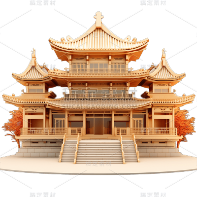 3D立体C4D元素中式中国风建筑亭子元素