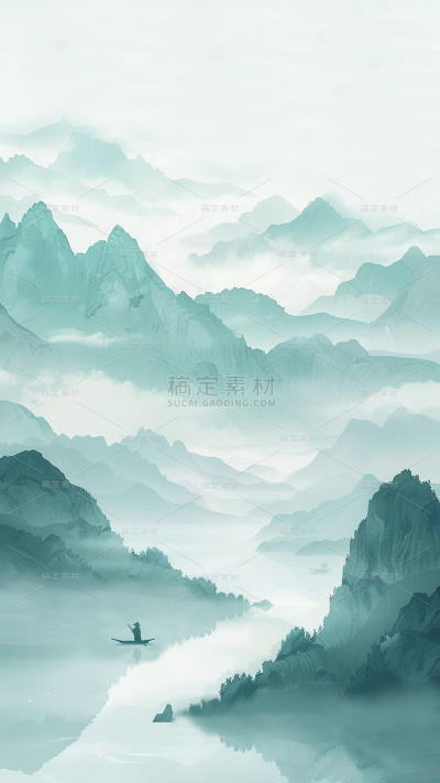 中国风通用春绿色古风山水云雾意境竖版图片素材