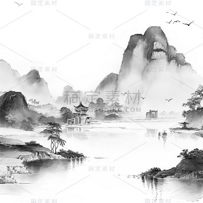 中国风通用水墨山水植物组合元素素材
