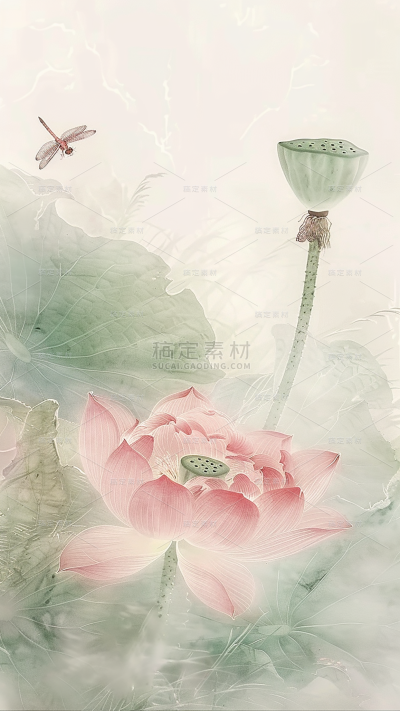 夏日中国风-荷花荷叶水墨晕染无描线工笔画图片背景