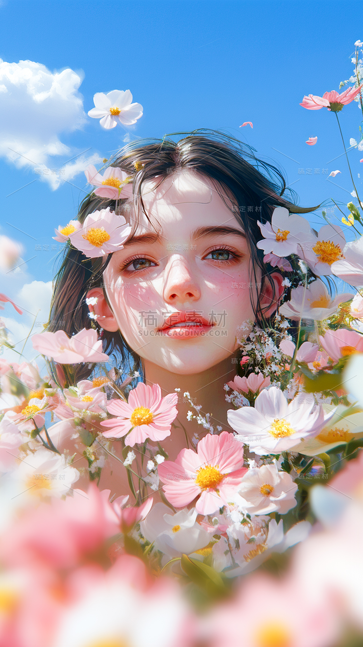 三八妇女节梦幻感花丛人物自然背景