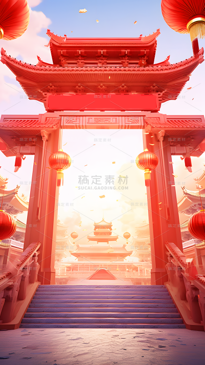 年货节3D立体中国风中式开门红展台建筑背景图片