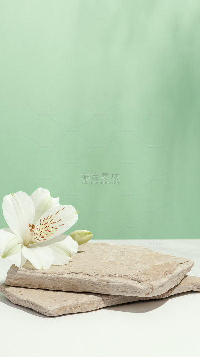 背景系列实景感绿色鲜花石块展台背景（td）