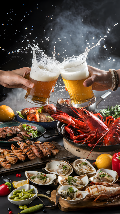 美食写实烧烤+手拿啤酒碰杯