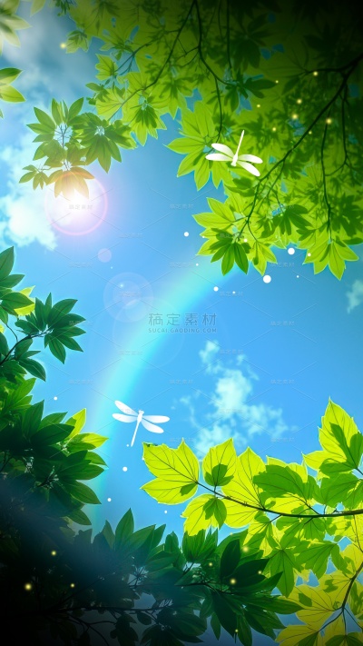 小暑大暑光影感植物蜻蜓全景背景