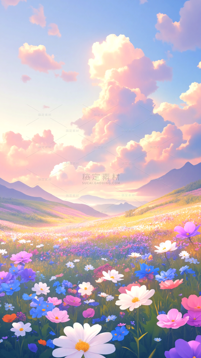 植物系列梦幻感插画风花海背景