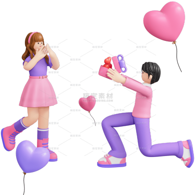 情人节浪漫感紫色3D立体爱心情侣组合元素素材