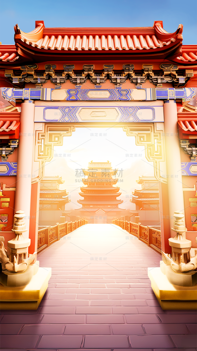通用电商促销中国风中式3D立体C4D门框场景背景图片素材