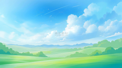 背景系列清新感草地蓝天插画背景