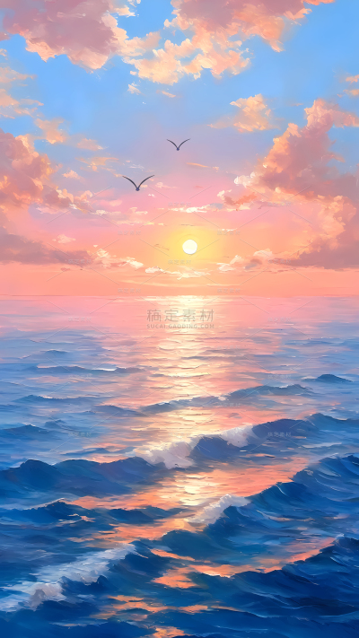 风光系列油画感海面温柔日出背景