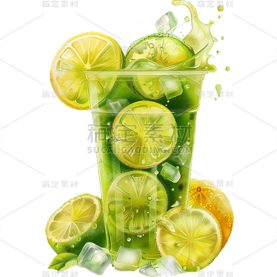 夏季果蔬系列黄色绿色写实柠檬茶通用元素素材