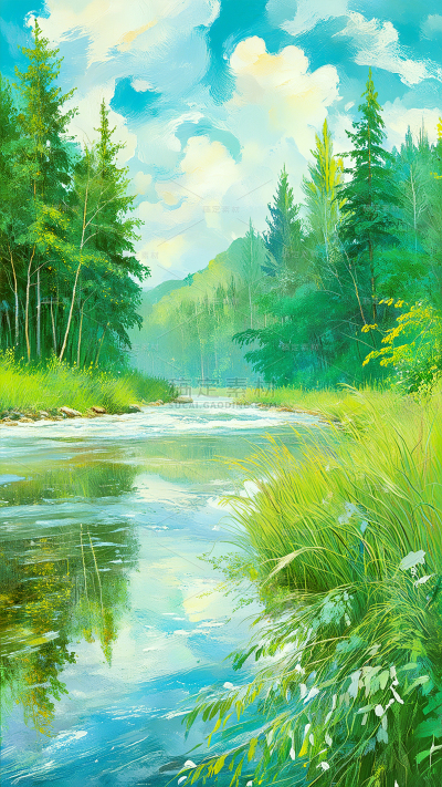 通用油画河流风景插画背景素材