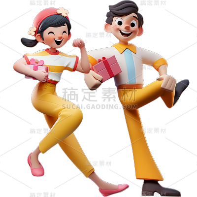 通用3D卡通感双人多人购物人物元素贴纸