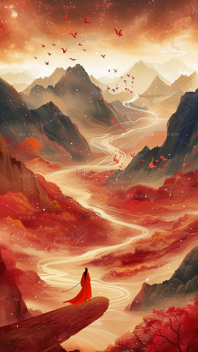 秋天通用中式鎏金山河背景图片