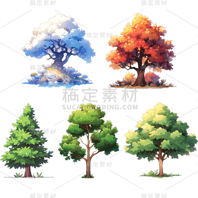 植物动漫风插画树元素素材组合合集