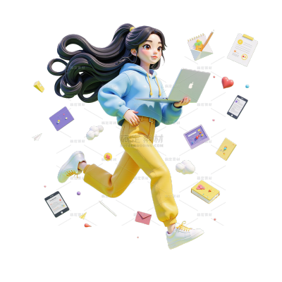 招聘3D手拿电脑奔跑女生贴纸