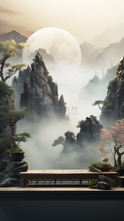 通用国风插画水墨色中式自然山树展台场景背景