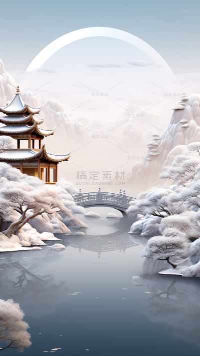 冬季冬天通用插画中国风中式古建筑自然山水积雪场景背景