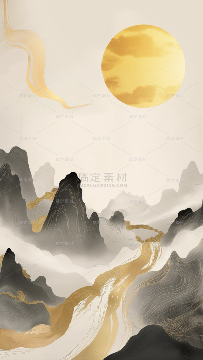 通用中式风鎏金工笔画山水背景素材