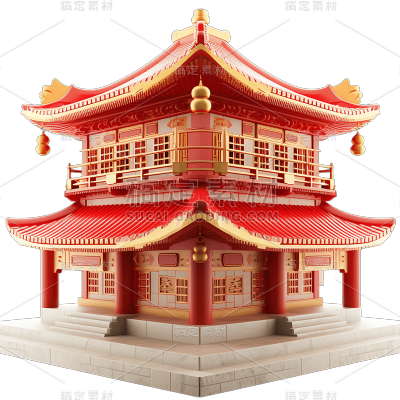 3D立体C4D元素中式中国风建筑亭子元素