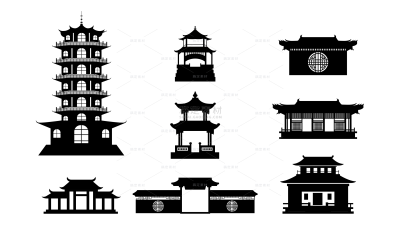 建筑系列简约黑色中式城市建筑组合（td)